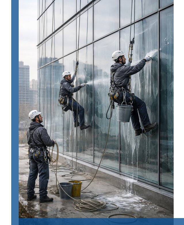 Промышленная мойка панорамных окон на высоте в Балахне