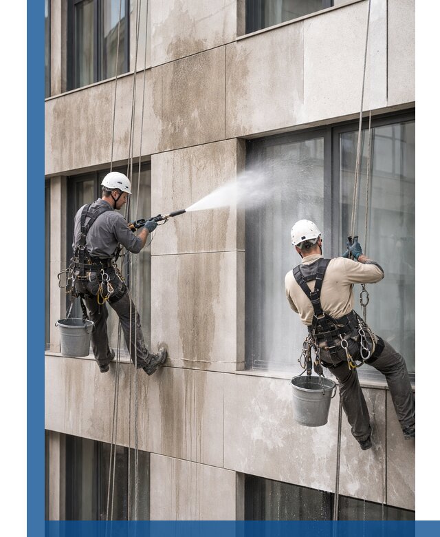 Послестроительная мойка фасада промышленным альпинизмом в Балахне