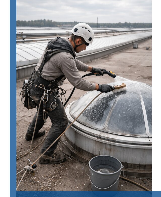 Мойка зенитных фонарей на кровле для промышленных объектов в Балахне