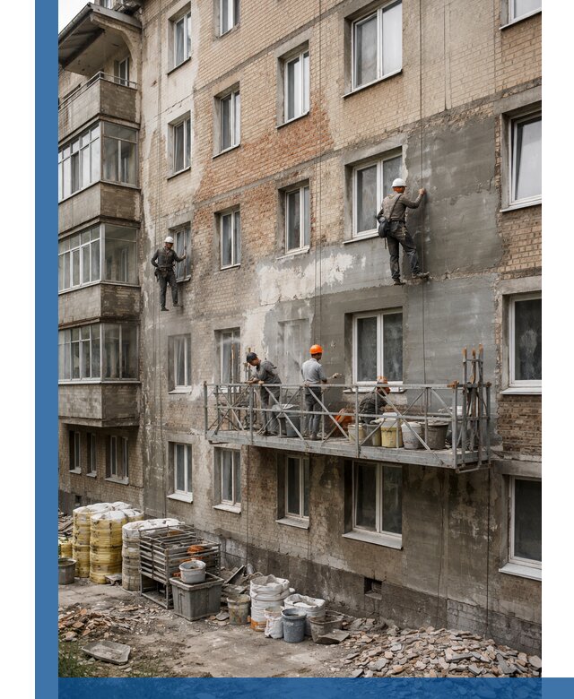 Капитальный ремонт фасада в Балахне с восстановлением и гидроизоляцией