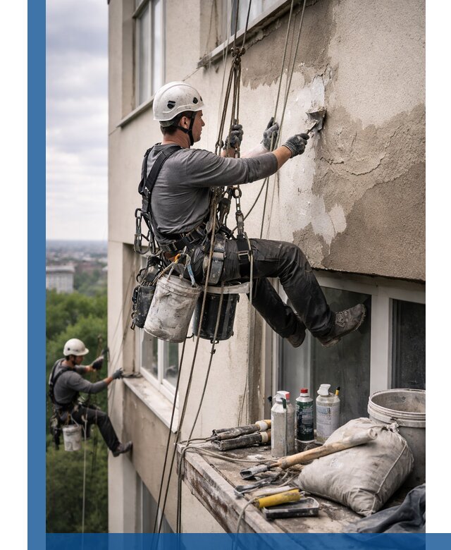 Косметический ремонт фасада зданий в Балахне промышленными альпинистами
