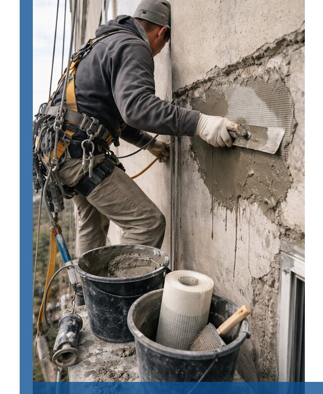 Ремонт бетонных элементов фасада промышленными альпинистами в Балахне