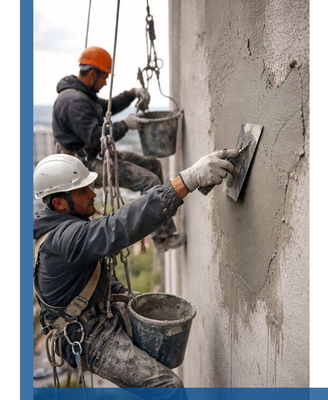 Штукатурка фасада на высоте в Балахне профессиональные работы