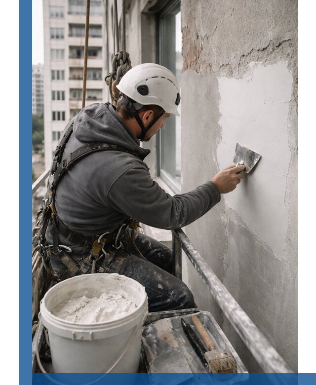 Шпаклевка фасадов на высоте с промальпинистами в Балахне