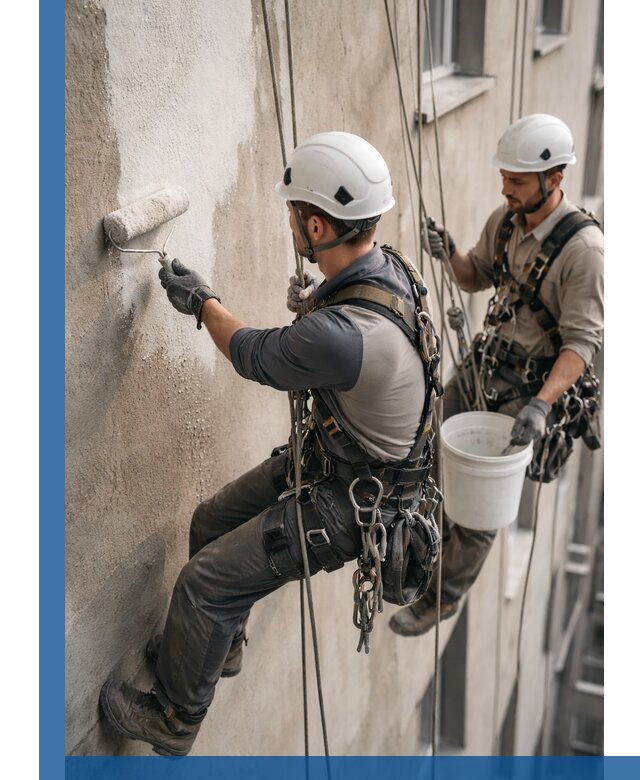 Грунтовка фасада на высоте в Балахне промышленными альпинистами