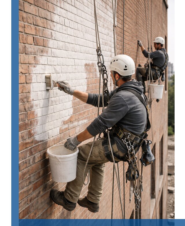 Покраска кирпичного фасада с доступным альпинистским сервисом в Балахне