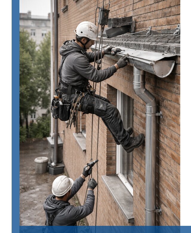 Монтаж водосточной системы на здании в Балахне под ключ