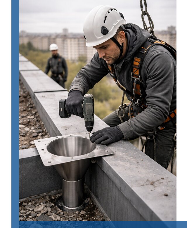 Монтаж водосточных воронок в Балахне для промышленных зданий