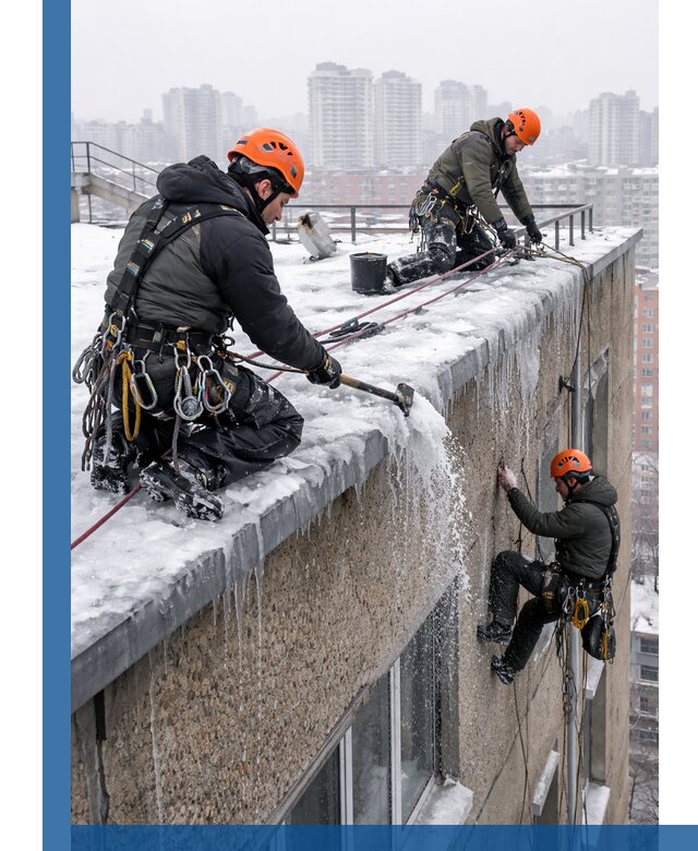 Удаление наледи с кровли в Балахне промышленными альпинистами