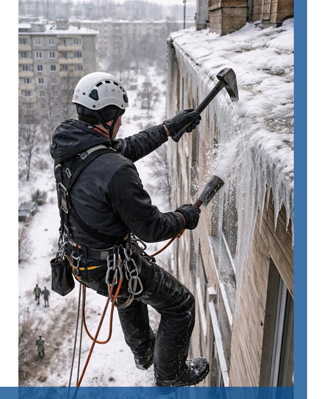 Сбивание сосулек с крыши в Балахне по цене от 4702 р. | ВЫСОТНИК-Блх