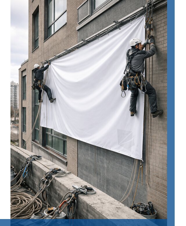 Монтаж баннеров на фасаде в Балахне от 679 р. заказать ВЫСОТНИК-Блх