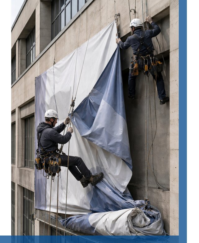 Демонтаж баннеров с фасада в Балахне от 4702 р. | ВЫСОТНИК-Блх