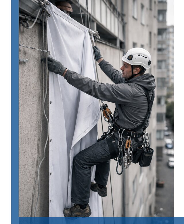 Замена баннерного полотна промышленными альпинистами в Балахне