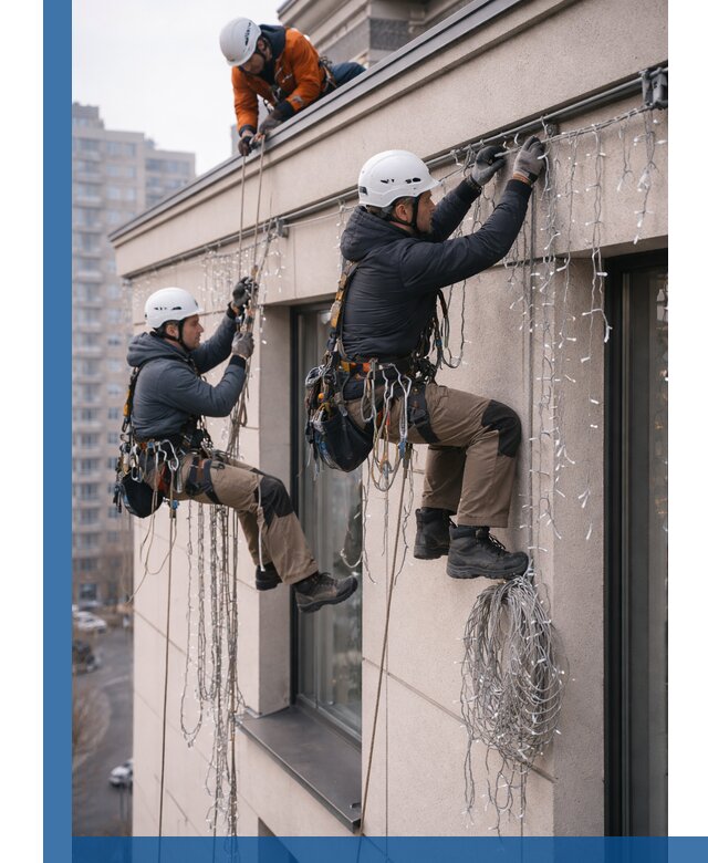 Монтаж праздничных гирлянд на фасаде в Балахне для зданий