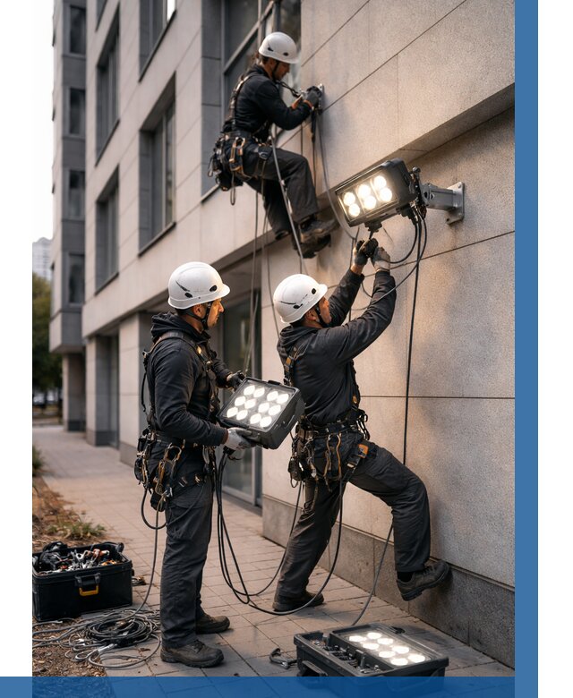 Монтаж прожекторов на фасаде в Балахне от 7836 р. | ВЫСОТНИК-Блх