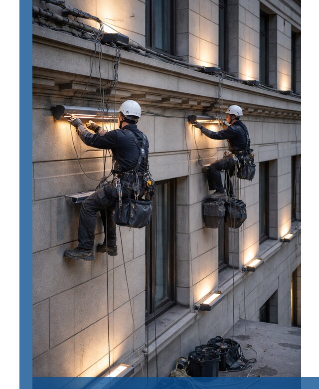 Монтаж архитектурной подсветки фасадов зданий в Балахне