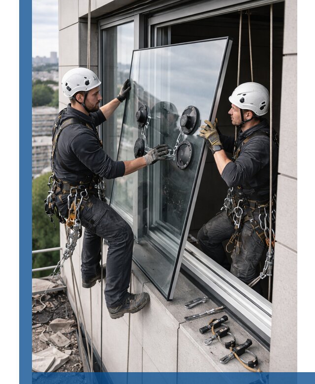 Замена стеклопакетов на высоте с промышленными альпинистами в Балахне