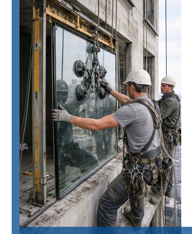 Монтаж стеклопакетов на высоте в Балахне с промышленным альпинизмом