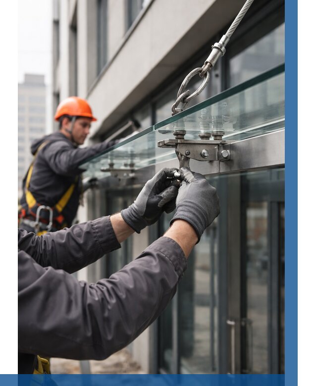 Монтаж стеклянных козырьков в Балахне от 8881 р. | ВЫСОТНИК-Блх