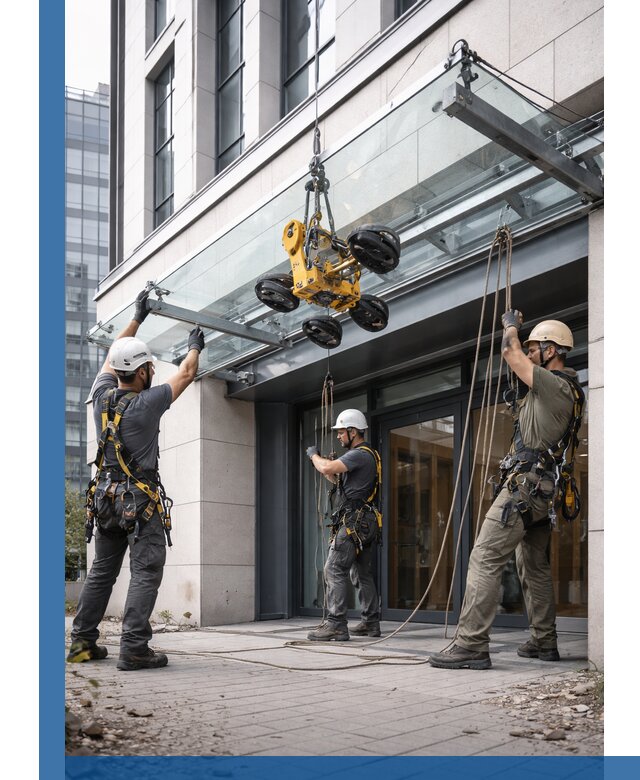 Монтаж стеклянных козырьков под ключ в Балахне для зданий