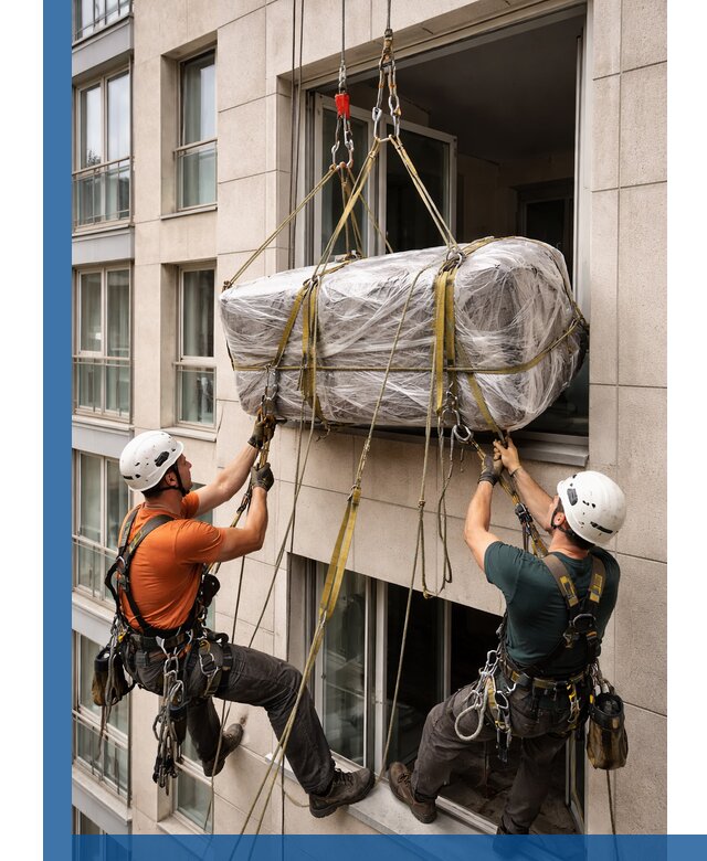 Подъем грузов через окно в Балахне промышленными альпинистами