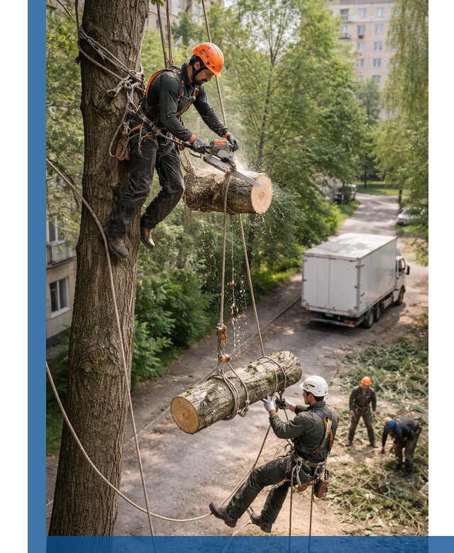 Спил деревьев альпинистами в Балахне, безопасно и без повреждений