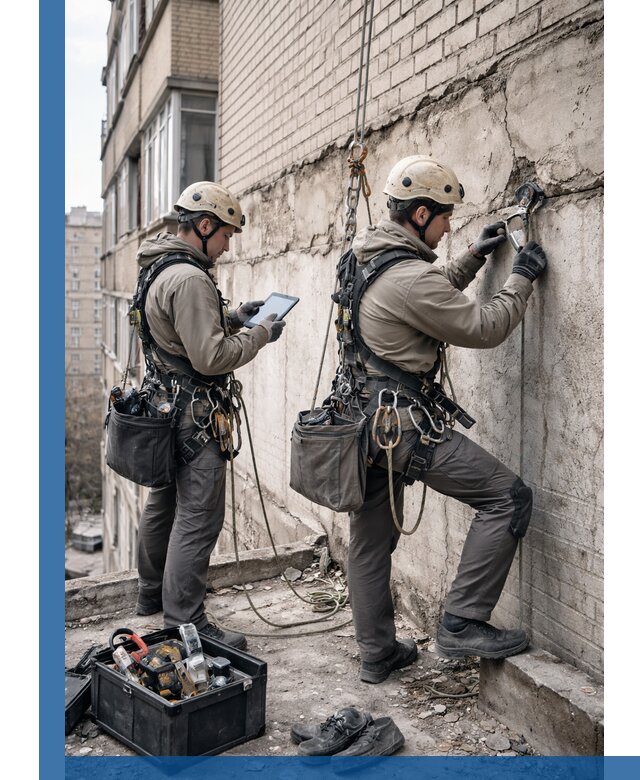 Обследование фасада промышленными альпинистами в Балахне